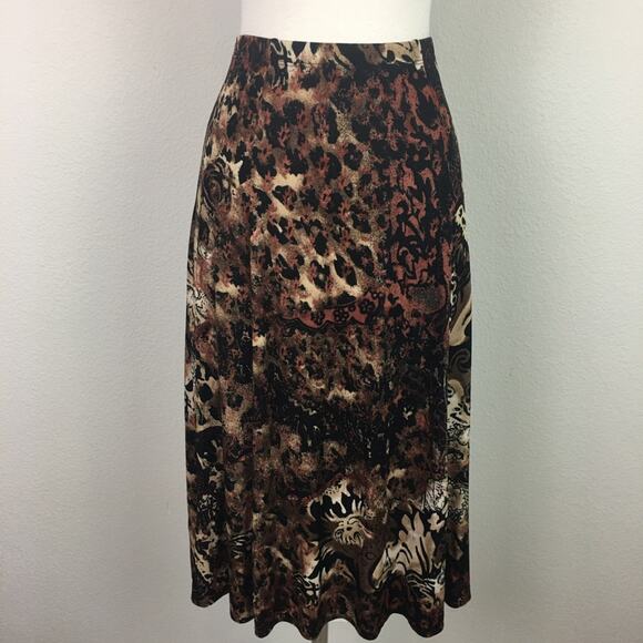 Chico's Travelers  Brown Animal Print Paisley Floral Slinky Knit Midi Skirt 2 - Picture 1 of 5